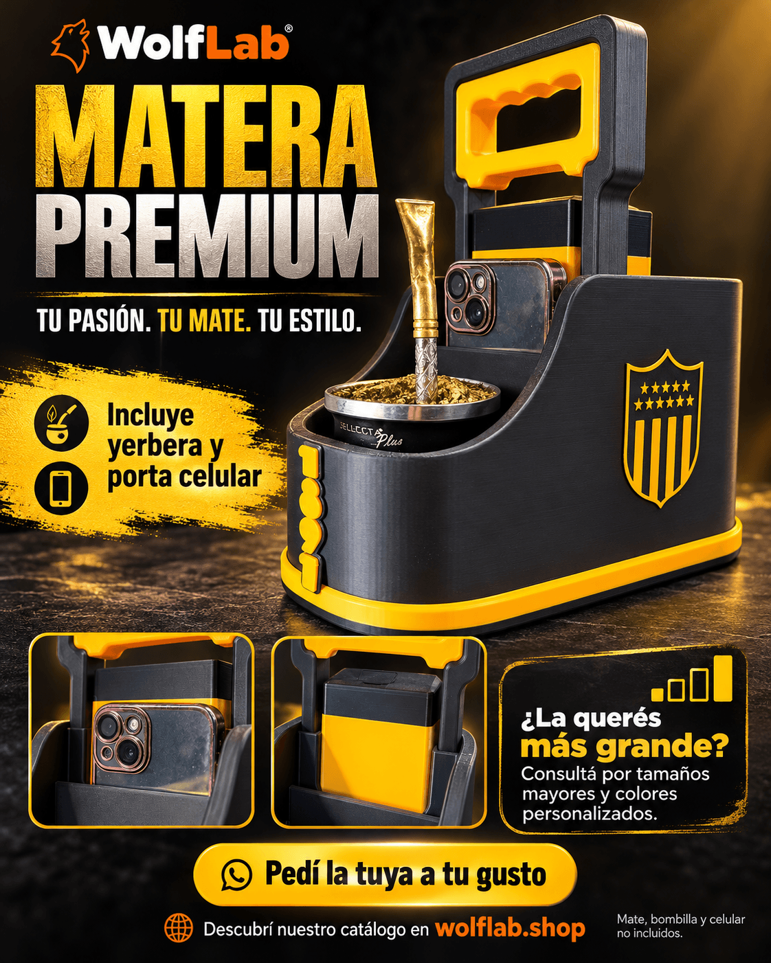 Matera Premium Peñarol con Yerbera y Porta Celular